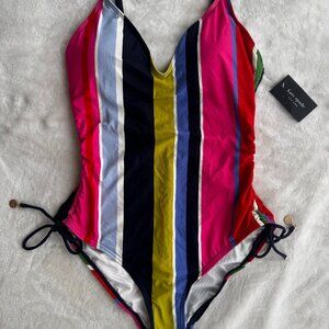 NWT $155 Kate Spade New York Sunny Day Stripe Print One Piece Swimsuit Size L